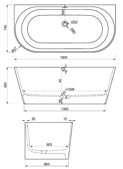 Badewanne Modell Golem Wall 160 S V